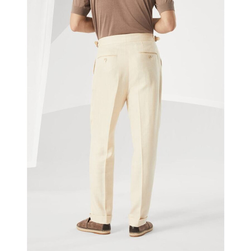 Brunello Cucinelli Men'S Cream Wool Silk Linen Trousers, Size 44