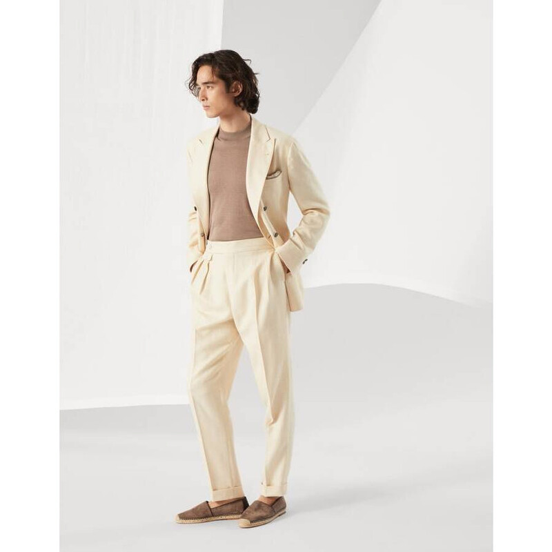 Brunello Cucinelli Men'S Cream Wool Silk Linen Trousers, Size 44
