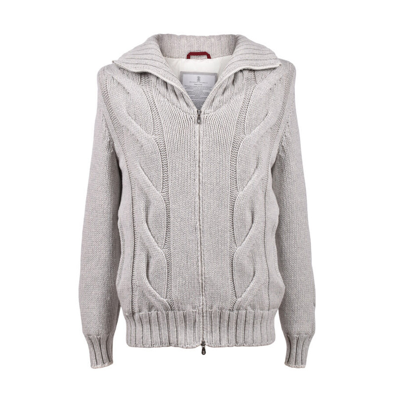 BRUNELLO CUCINELLI　リネンコットン ニットジャケット グレー Brunello Cucinelli Men's Fog Wool Cable Knit Jacket, Size 50
