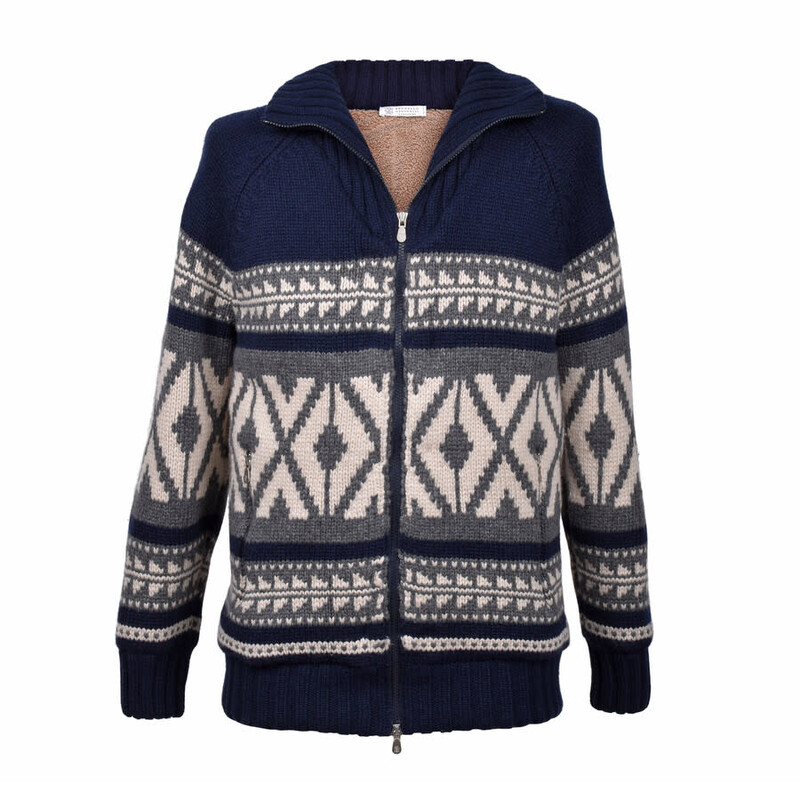Brunello Cucinelli Men'S Navy Blue Wool Knit Zip Front Jacket