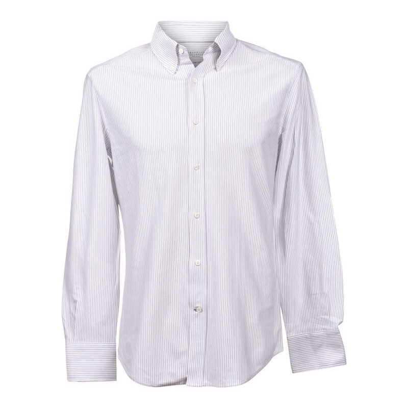 Brunello Cucinelli Men'S White Mocha Striped Dress Shirt, Size 3XL