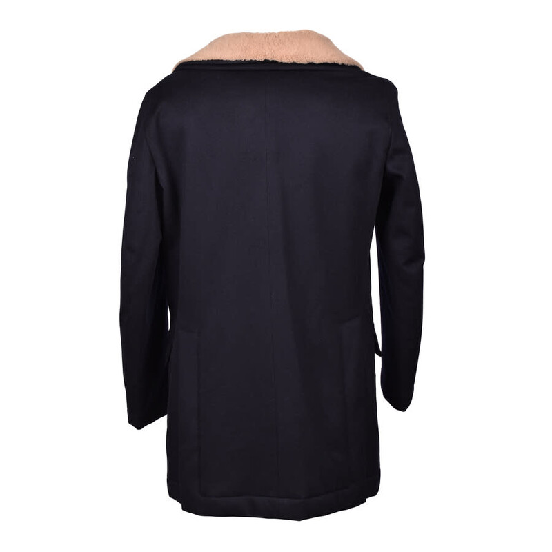 Brunello Cucinelli Navy Cashmere Pea Coat With Fur Collar, Brand