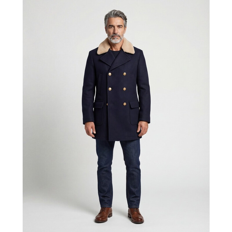 【BRUNELLO CUCINELLI】ネイビー ピーコート Brunello Cucinelli Navy Cashmere Pea Coat With Fur Collar, Brand