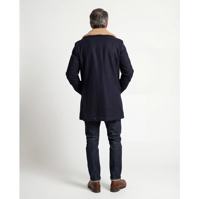 Brunello Cucinelli Navy Cashmere Pea Coat With Fur Collar, Brand
