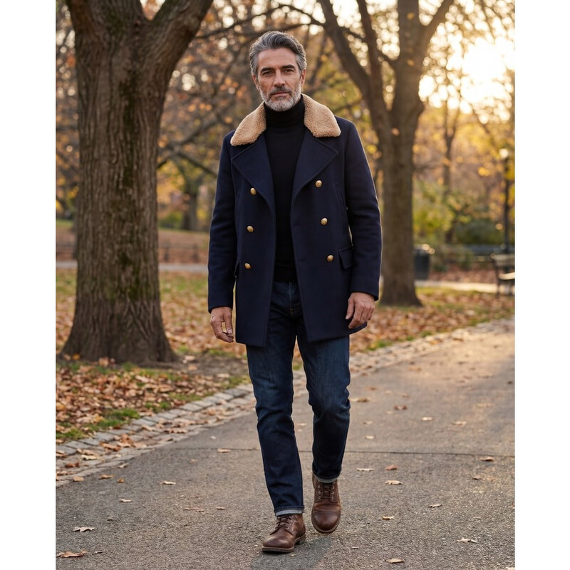 Brunello Cucinelli Navy Cashmere Pea Coat With Fur Collar, Brand
