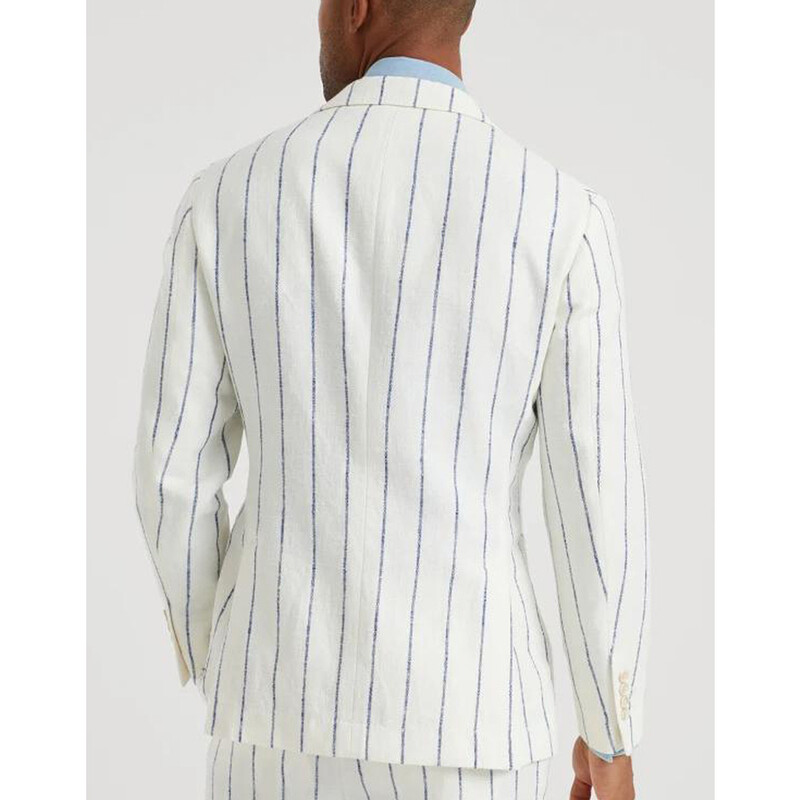 Brunello Cucinelli White Linen Wool Striped Blazer, Brand Size 48