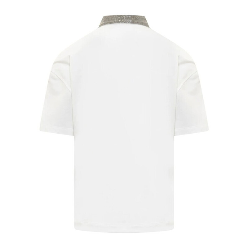 Brunello Cucinelli White Polo With Embellished Collar, Size Medium
