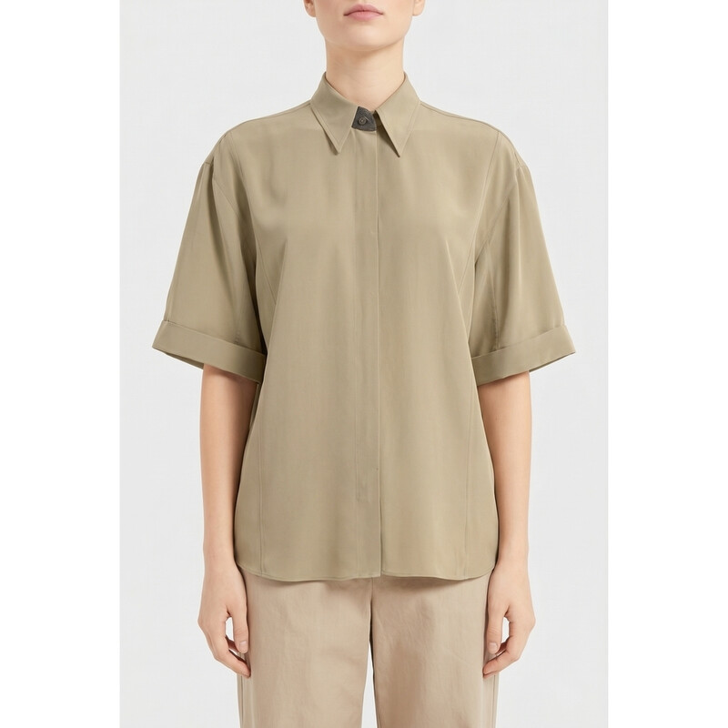 Brunello Cucinelli Light Khaki Silk Shirt, Size X-Small