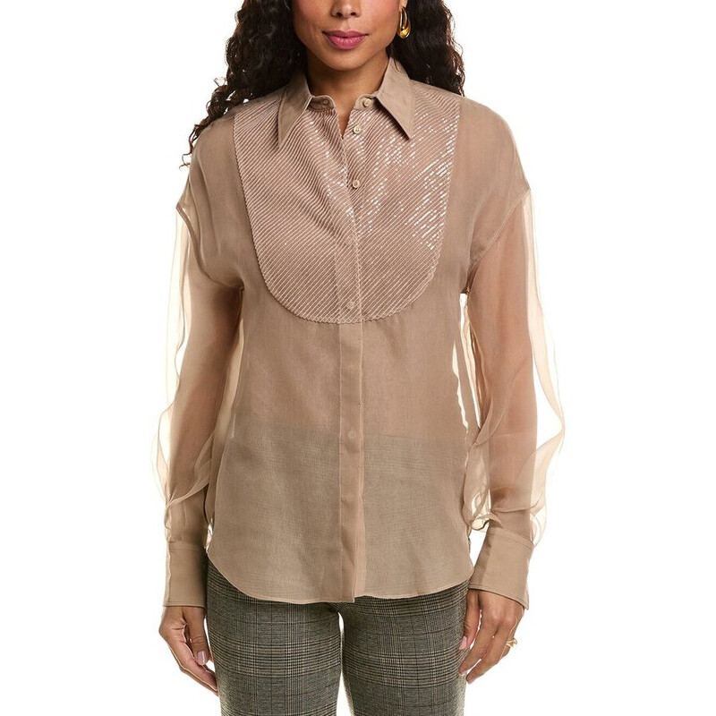 Brunello Cucinelli Womens Almond Butter Silk Shirt, Size XL