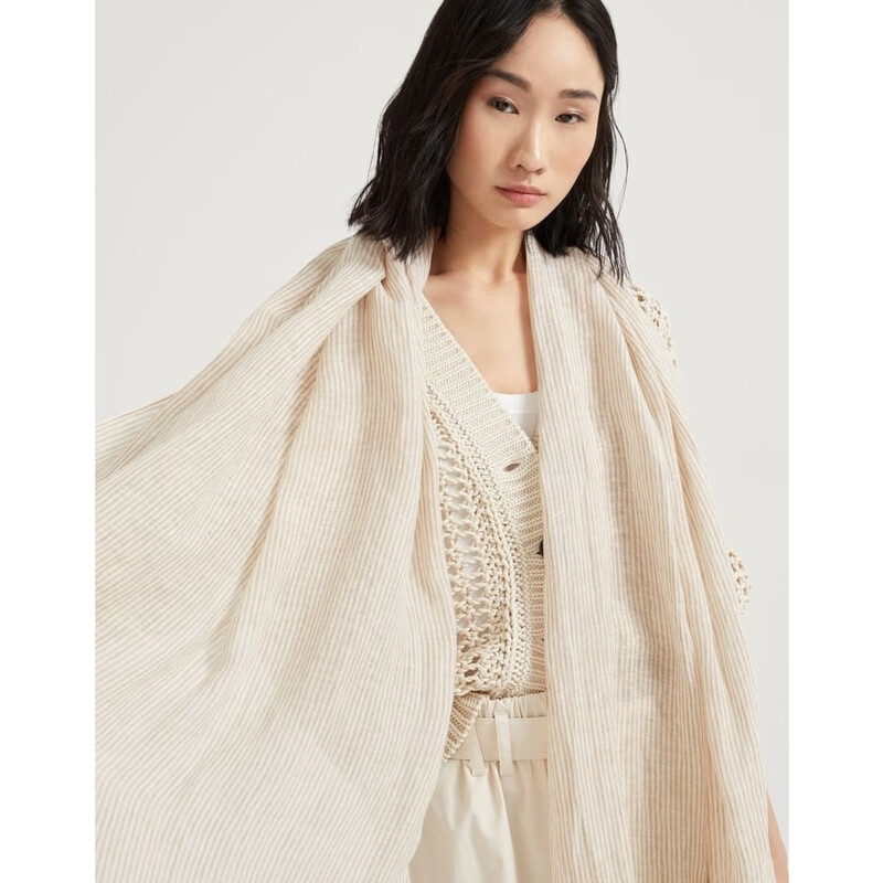 Brunello Cucinelli Womens Beige Linen Striped Scarf