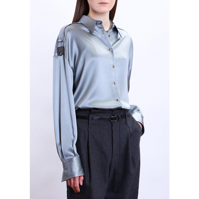 Brunello Cucinelli Women'S Grey Blue Satin Button-Up Shirt, Size L