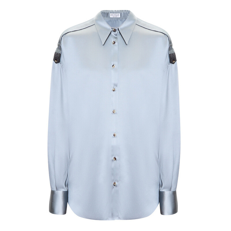 Brunello Cucinelli Women'S Grey Blue Satin Button-Up Shirt, Size L