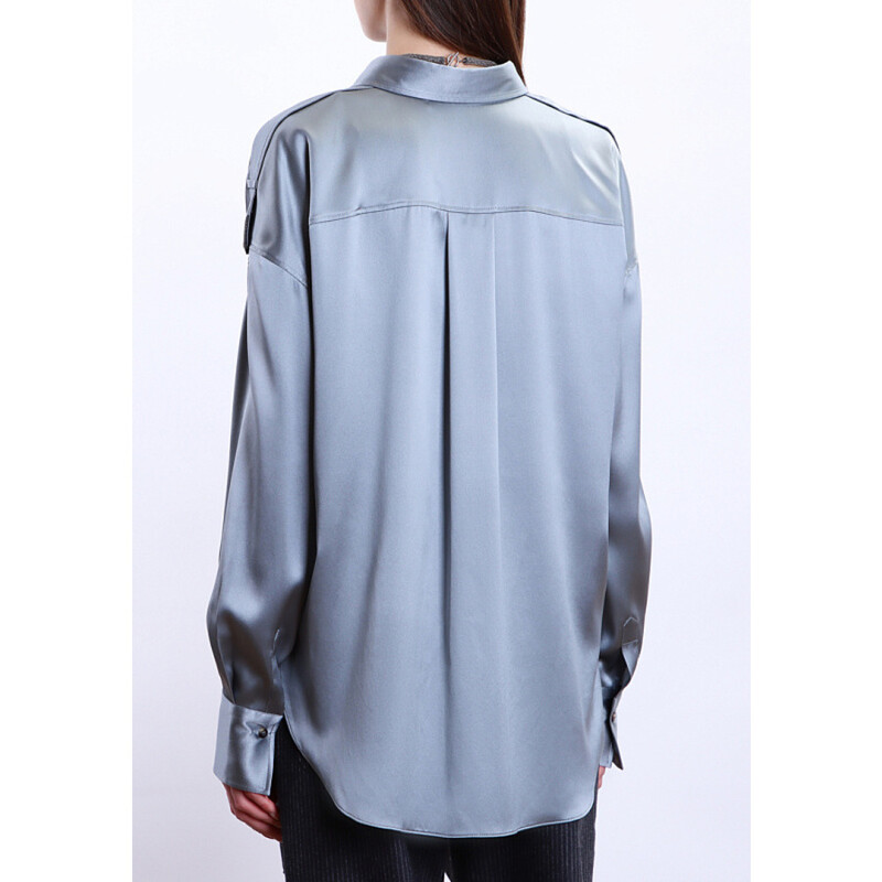 Brunello Cucinelli Women'S Grey Blue Satin Button-Up Shirt, Size L