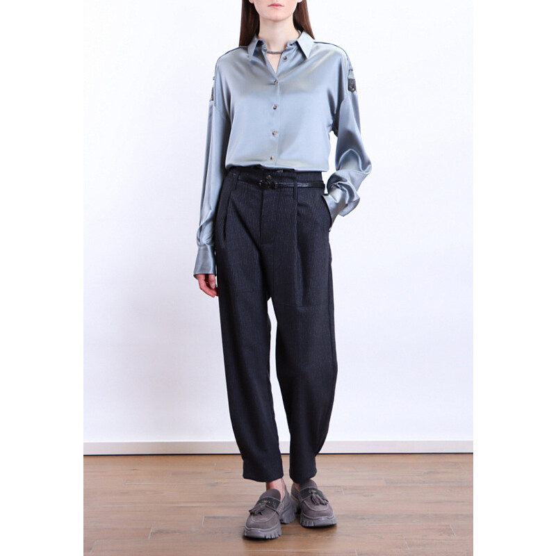 Brunello Cucinelli Women'S Grey Blue Satin Button-Up Shirt, Size L
