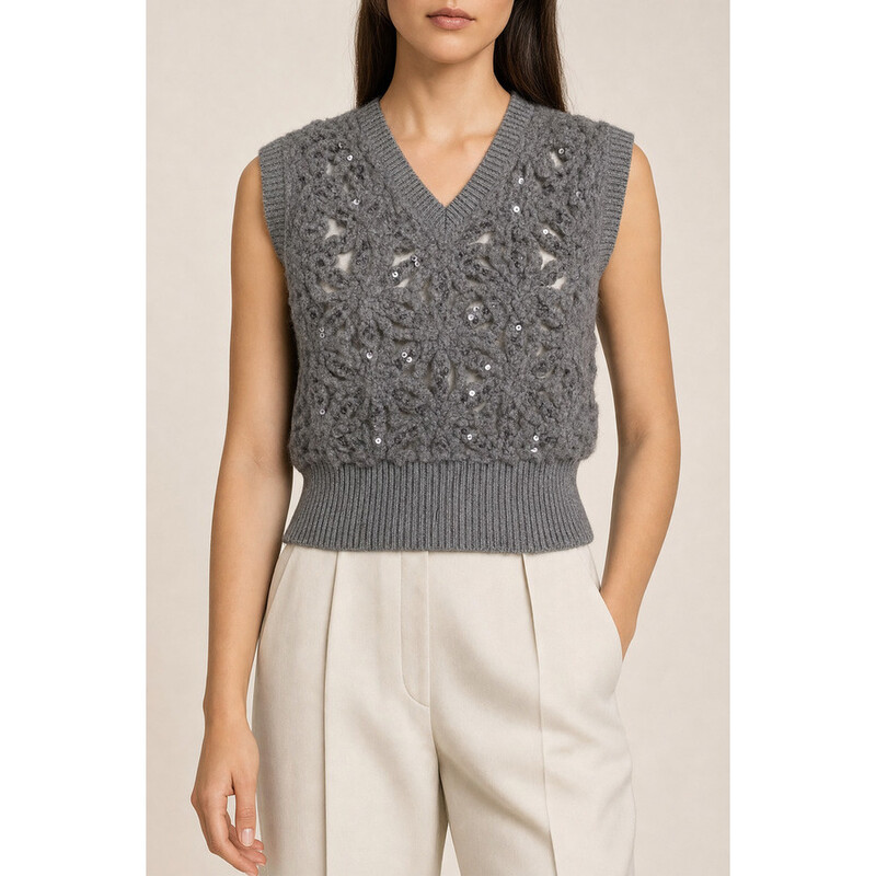 Brunello Cucinelli Women's Medium Grey Wool Knit Sweater, Size XXS