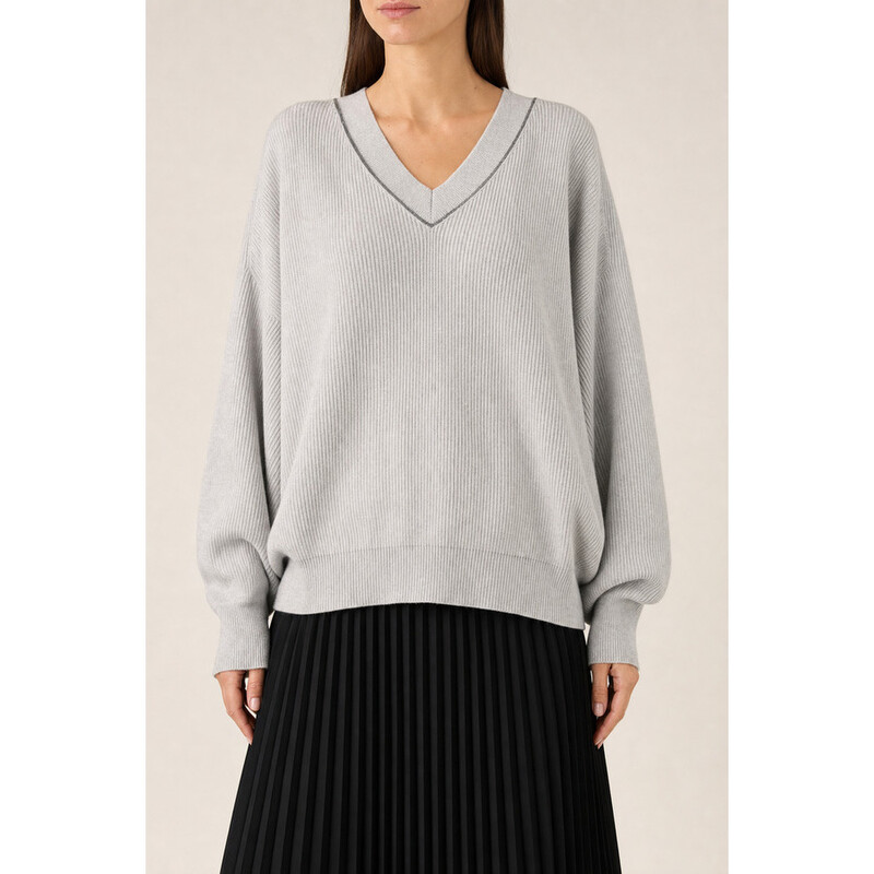 Brunello Cucinelli Women's Nebbia Cotton V Neck Sweater, Size L