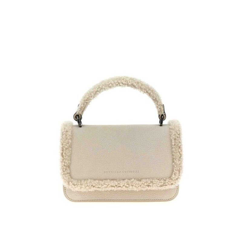 Brunello Cucinelli Womens New Lamb Shearling Trimmed Leather Bag