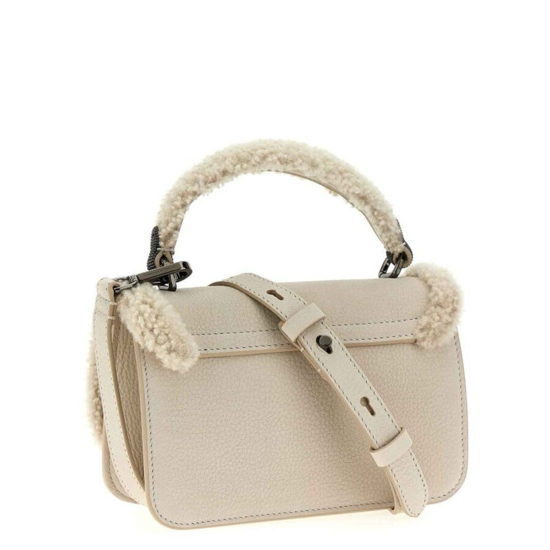 Brunello Cucinelli Womens New Lamb Shearling Trimmed Leather Bag