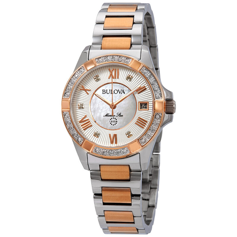 Bulova Marine Star Diamond White Mother of Pearl Dial Ladies Watch ...
