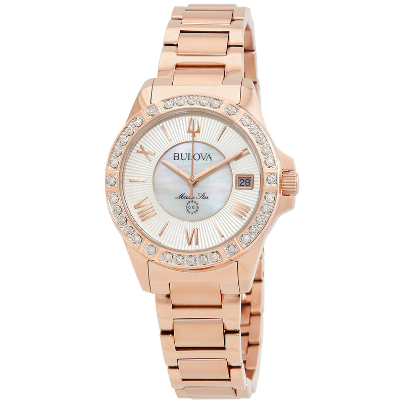 Bulova Marine Star Quartz Diamond White Mother of Pearl Dial Ladies ...