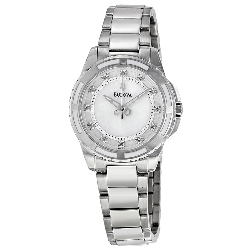 Bulova Mother of Pearl Diamond Dial Stainless Steel Ladies Watch 96P144 ...