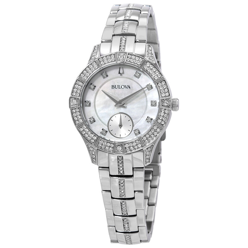Bulova Quartz Crystal White Mother of Pearl Dial Ladies Watch 96L291 ...