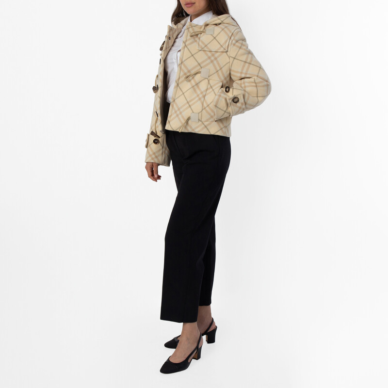 Burberry All Over Check Pattern Wool Blend Hooded Jacket, Brand