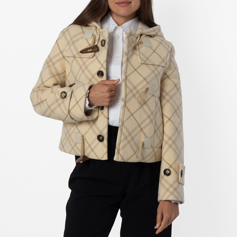 Burberry All Over Check Pattern Wool Blend Hooded Jacket, Brand