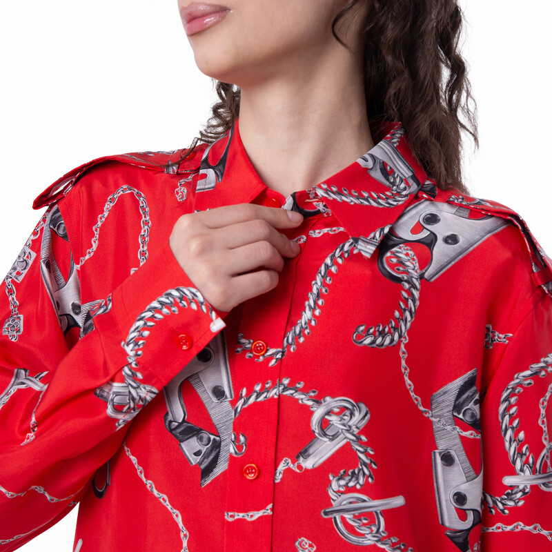 Burberry All-Over Graphic Print Silk Long Sleeve Shirt, Brand Size Burberry All-Over Graphic Print Silk Long Sleeve Shirt, Brand Size