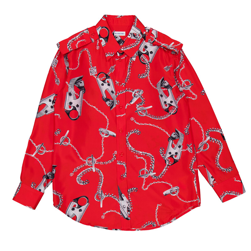 Burberry All-Over Graphic Print Silk Long Sleeve Shirt, Brand Size