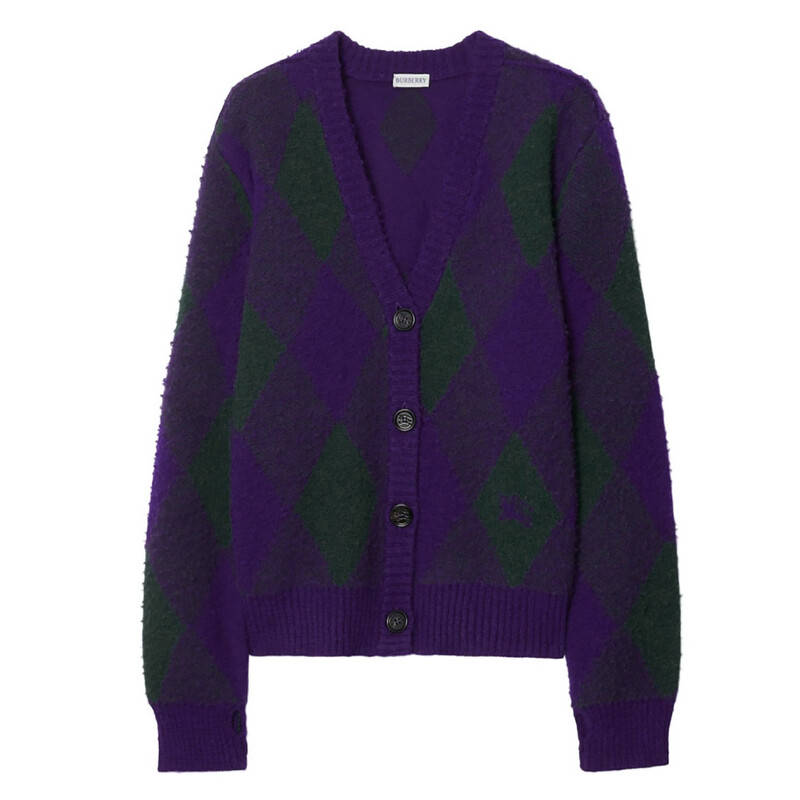 Burberry Argyle-Intarsia-Knit V-Neck Wool Cardigan, Size X-Small