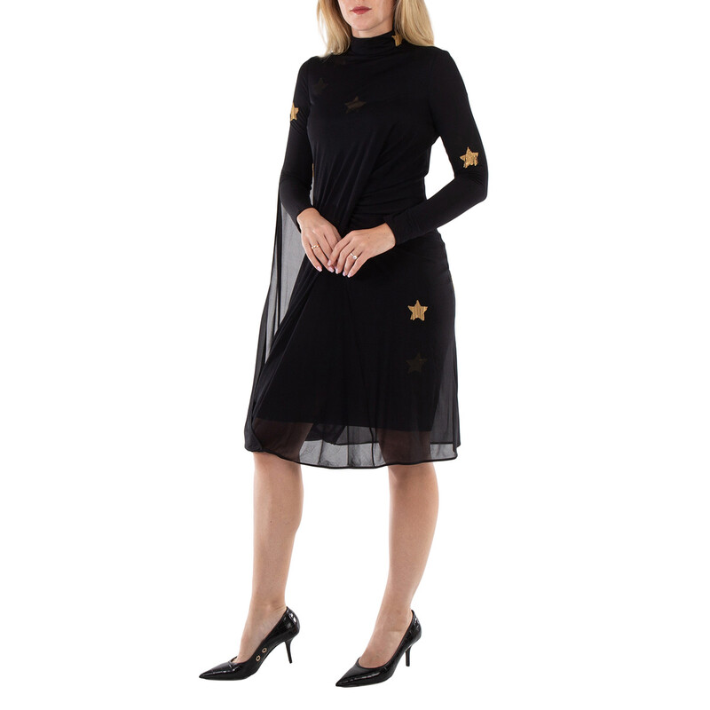 Burberry Black Star Motif Gathered Silk Viscose Dress, Brand Size