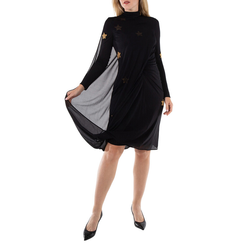 Burberry Black Star Motif Gathered Silk Viscose Dress, Brand Size
