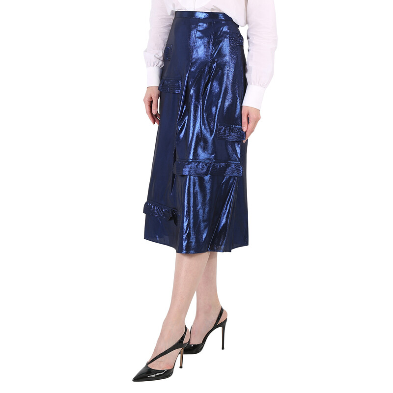 Burberry Bright Navy Ruffle Detail Lame Skirt, Brand Size 4 (US