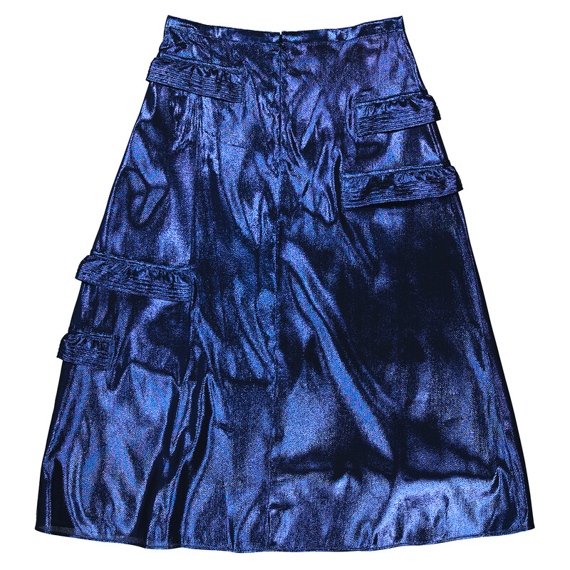 Burberry Bright Navy Ruffle Detail Lame Skirt, Brand Size 4 (US