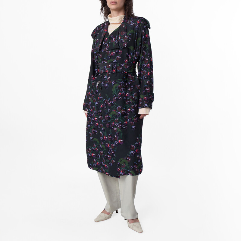 Burberry Cherry Print Belted Trench Coat, Brand Size 4 ( US Size 2