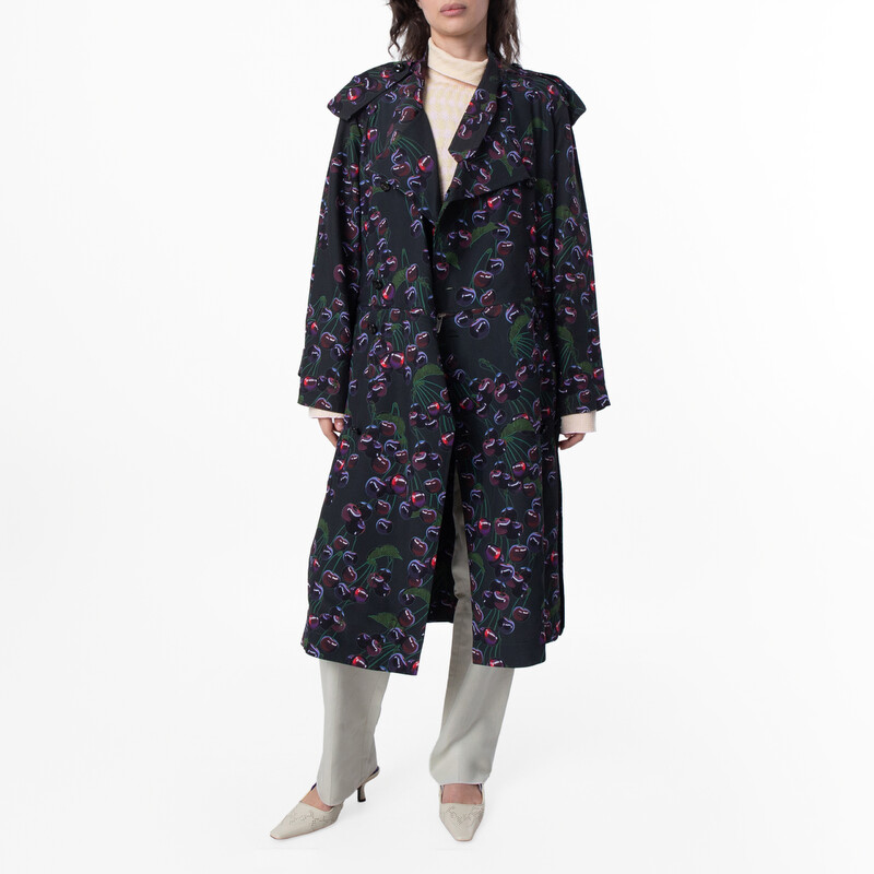 Burberry Cherry Print Belted Trench Coat, Brand Size 4 ( US Size 2