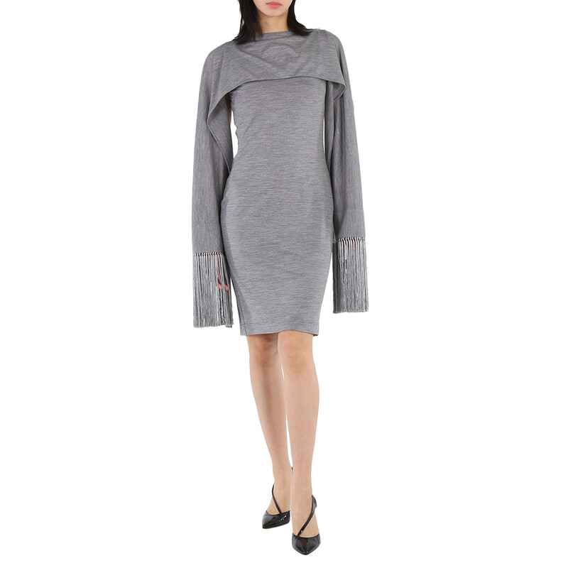 Burberry Merino Wool Sleeveless Dress With Fringed Capelet , Size: 02, Grey