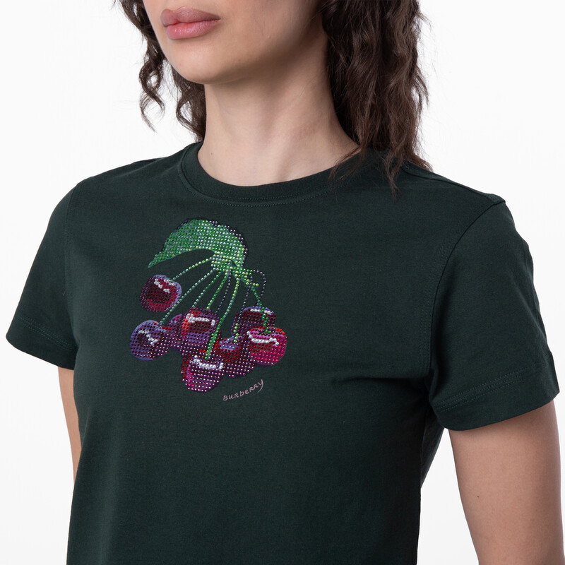 Burberry Crystal-Embellished Cherry Cotton T-Shirt, Size X-Small