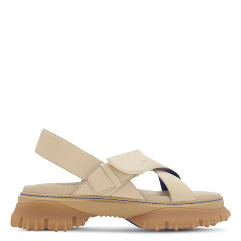 Burberry Equestrian Knight Crossover Leather Sandals, Brand Size