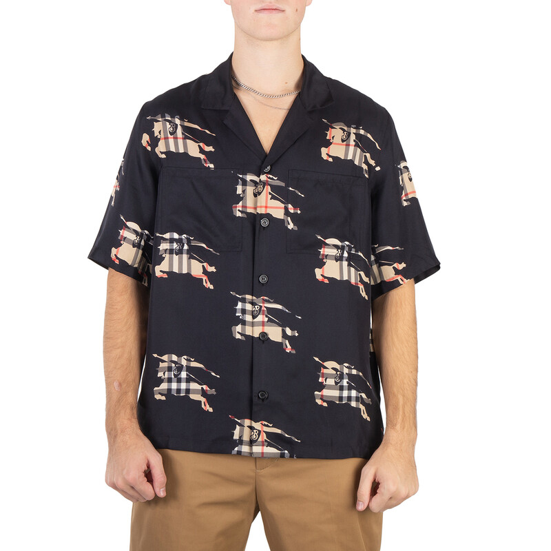 Burberry Equestrian Knight-Print Silk Shirt, Size X-Small 8072723