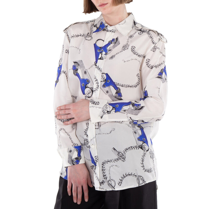 Burberry Knight Hardware-Print Silk Shirt, Brand Size 2 (US Size 0