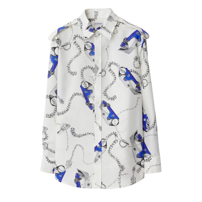 BURBERRY ノースリーブシャツ ホワイト/ブルー Burberry Knight Hardware-Print Silk Shirt, Brand Size 2 (US Size 0