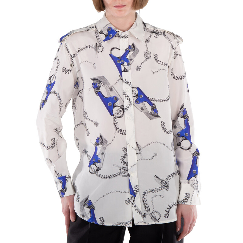 Burberry Knight Hardware-Print Silk Shirt, Brand Size 2 (US Size 0