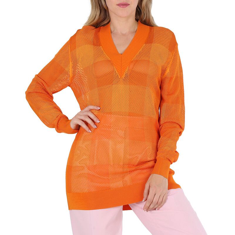 Burberry Ladies Deep Orange Zoie Check Mesh Lace V-Neck Jumper