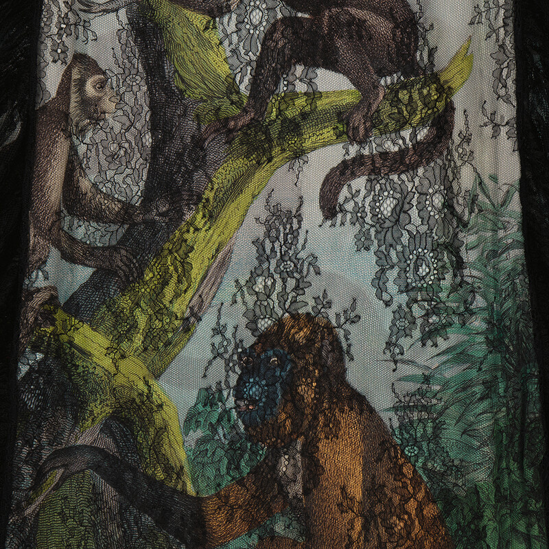 Burberry Chantilly Lace and Monkey Print Silk Shift Dress , Size: 0, Green