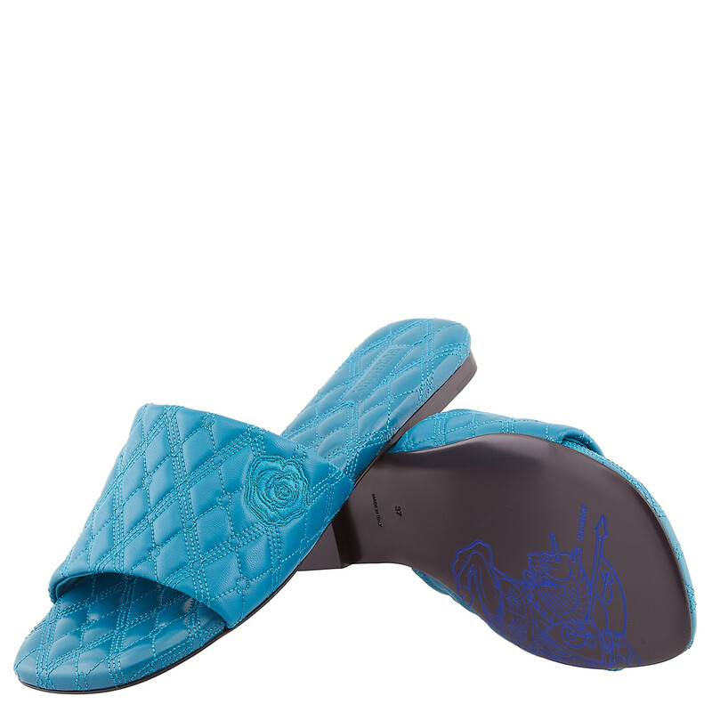 Burberry Leather Quilt Slides In Kingfisher, Brand Size 36 ( US