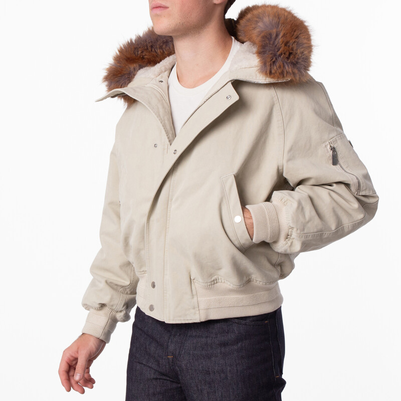 Burberry Natural Faux Fur Trim Cotton Bomber Jacket, Size Medium
