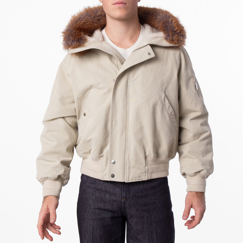 Burberry Natural Faux Fur Trim Cotton Bomber Jacket, Size Medium