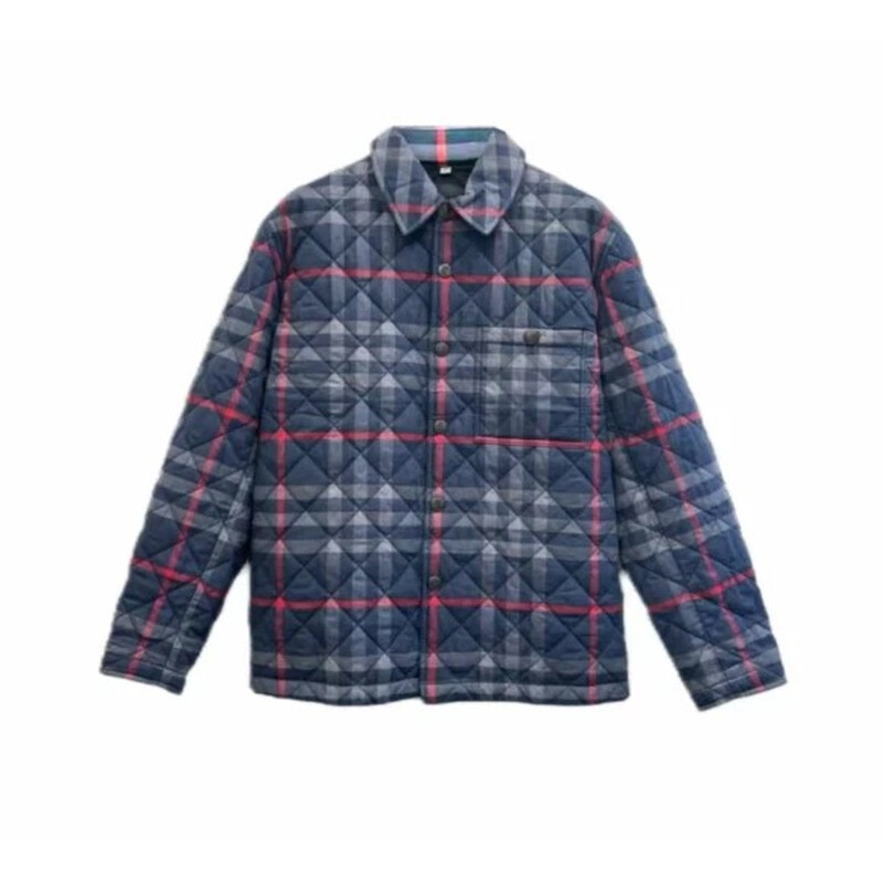 BURBERRY テーラードジャケット ノバチェック 濃紺 46 Burberry Navy Blue Check-Collar Cotton Jacket, Size XX-Large
